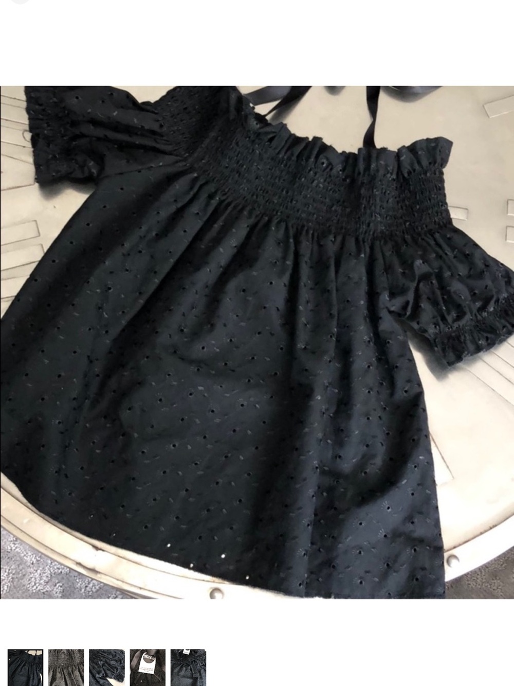 Milk it Black Eyelet Off-Shoulder Smocked Top